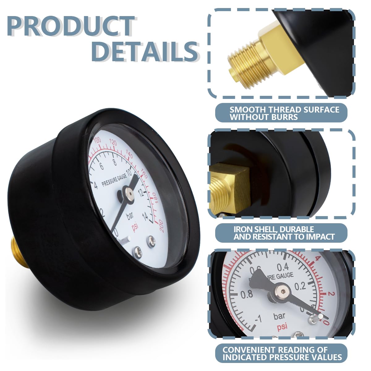 1 Pz 40 mm pompa pozzo manometro BSP 1/8“ 0-14 Bar 0~200 Psi con 3 pezzi boccola 1/8” a 1/4“, 1/8” a 3/8“ e 1/8” a 1/2” un nastro di teflon, assiale