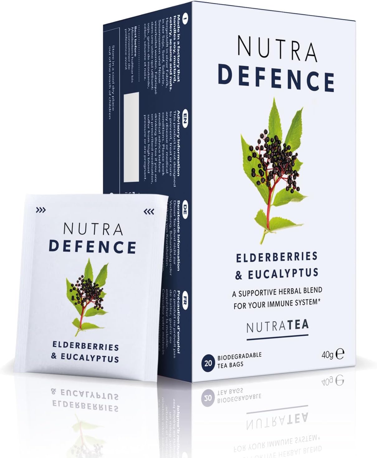 NUTRADEFENCE Cold & Flu Tea for Immune Support, 20 Tea Bags | Immune Booster Tea blend with Eucalyptus, Elderberry & Mullein, Herbal Cough Tea, Caffeine Free, Reusable, Wrapped, Vegan