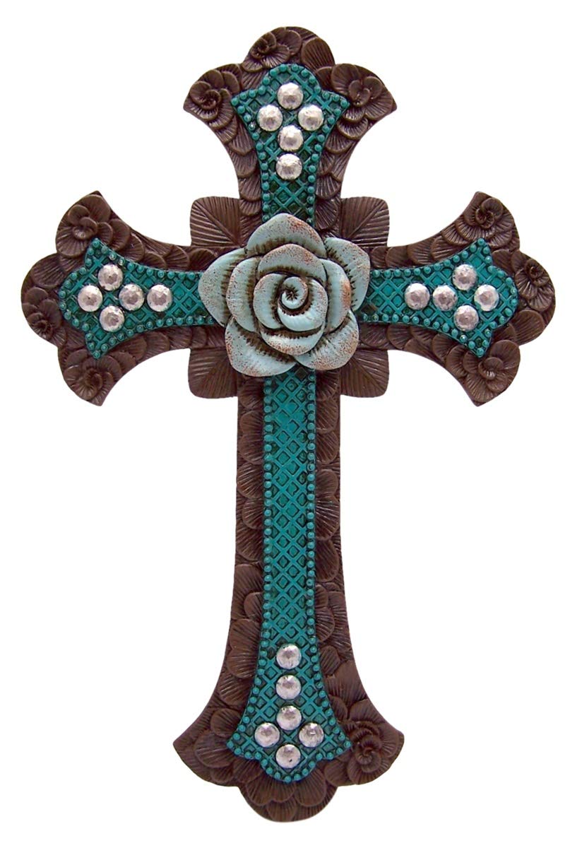 WowserCast Resin Teal Floral Pattern Hanging Wall Cross with Blue Rose Centerpiece, 13 1/2 Inch