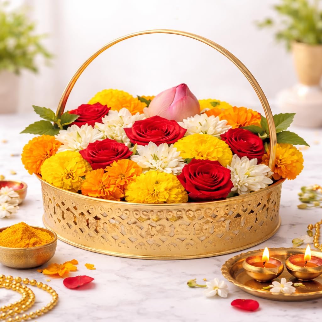 Pooja Basket for Temple with Handle | Decorative Storage Baskets | Brass Flower Basket for Pooja | 8 Inch Golden Round Pooja Dalia | Fruit Basket | Organiser (Round)