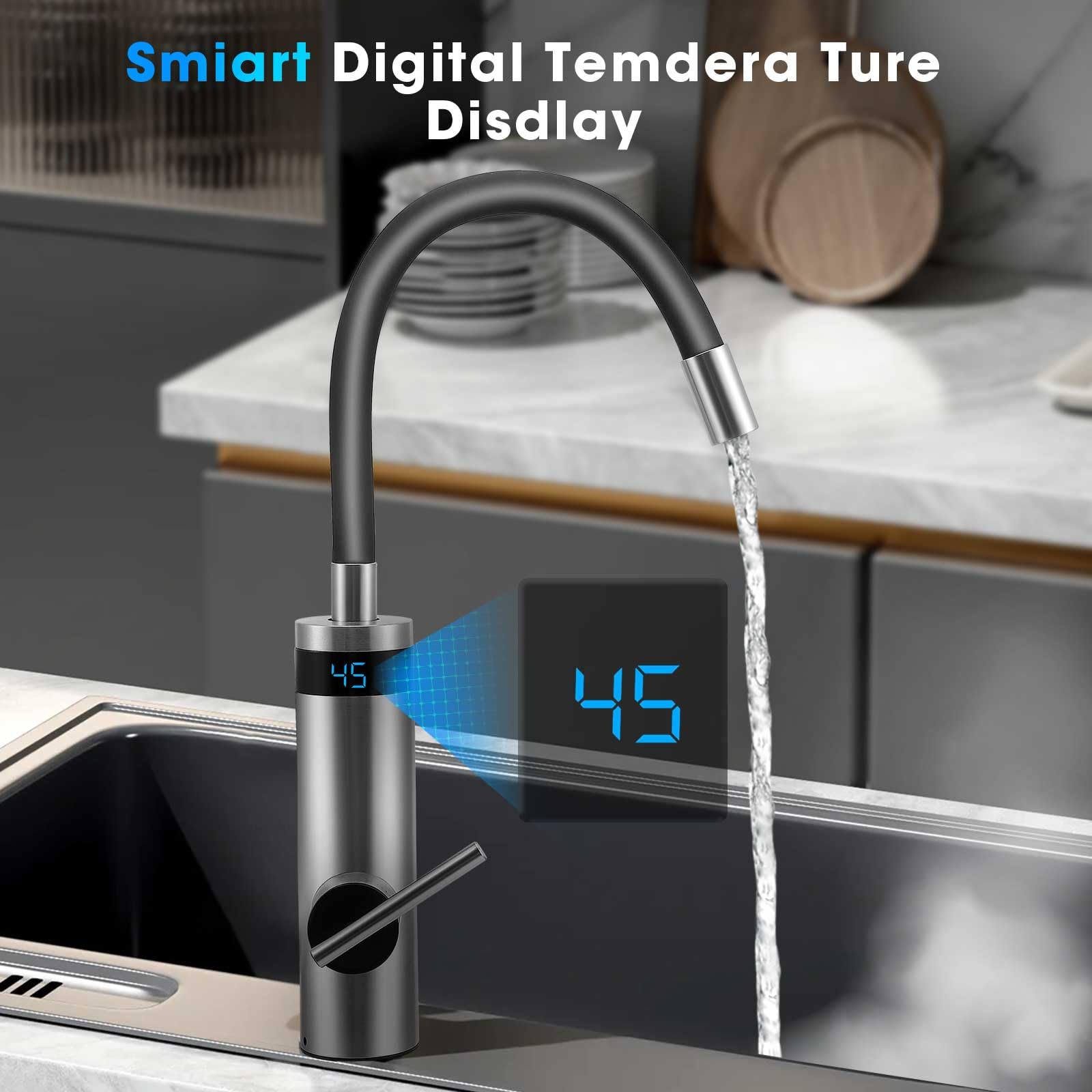 Robinet Électrique avec Chauffe-eau Instantané, 3000w Robinet Chauffant en Acier Inoxydable, Сhauffe-Eau de Cuisine Avec Col Flexible et Affichage de la Température, pour Cuisine, Salle de Bain
