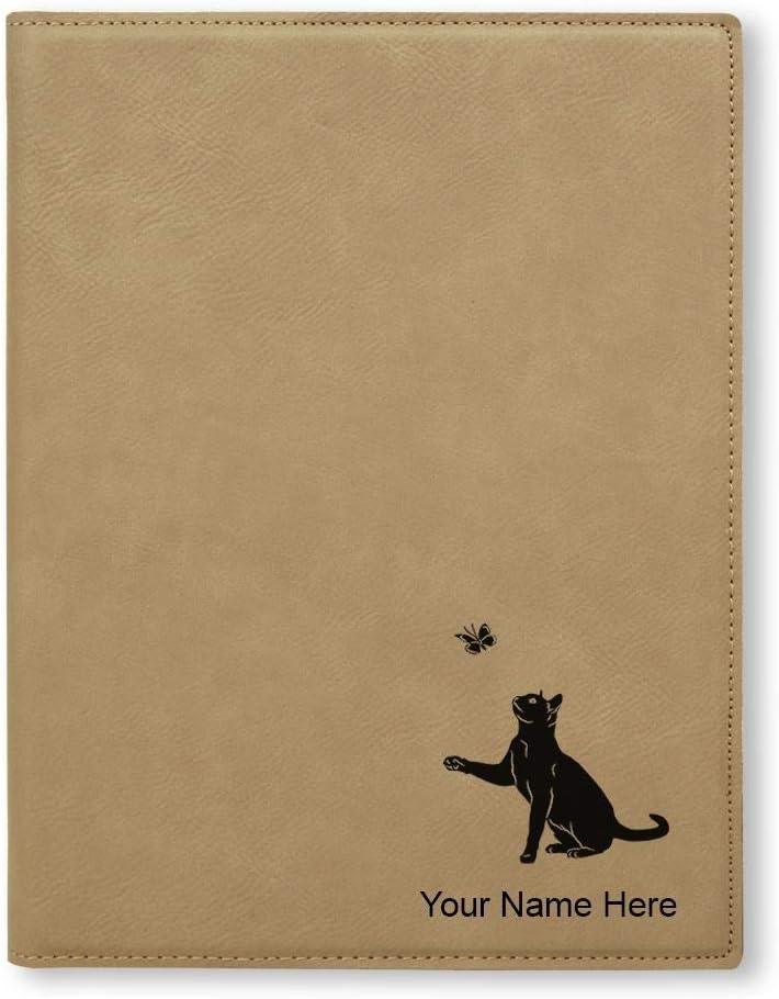 Large 9.5" X 12" Portfolio Notepad, Cat with Butterfly, Personalized Engraving Included (Pink)