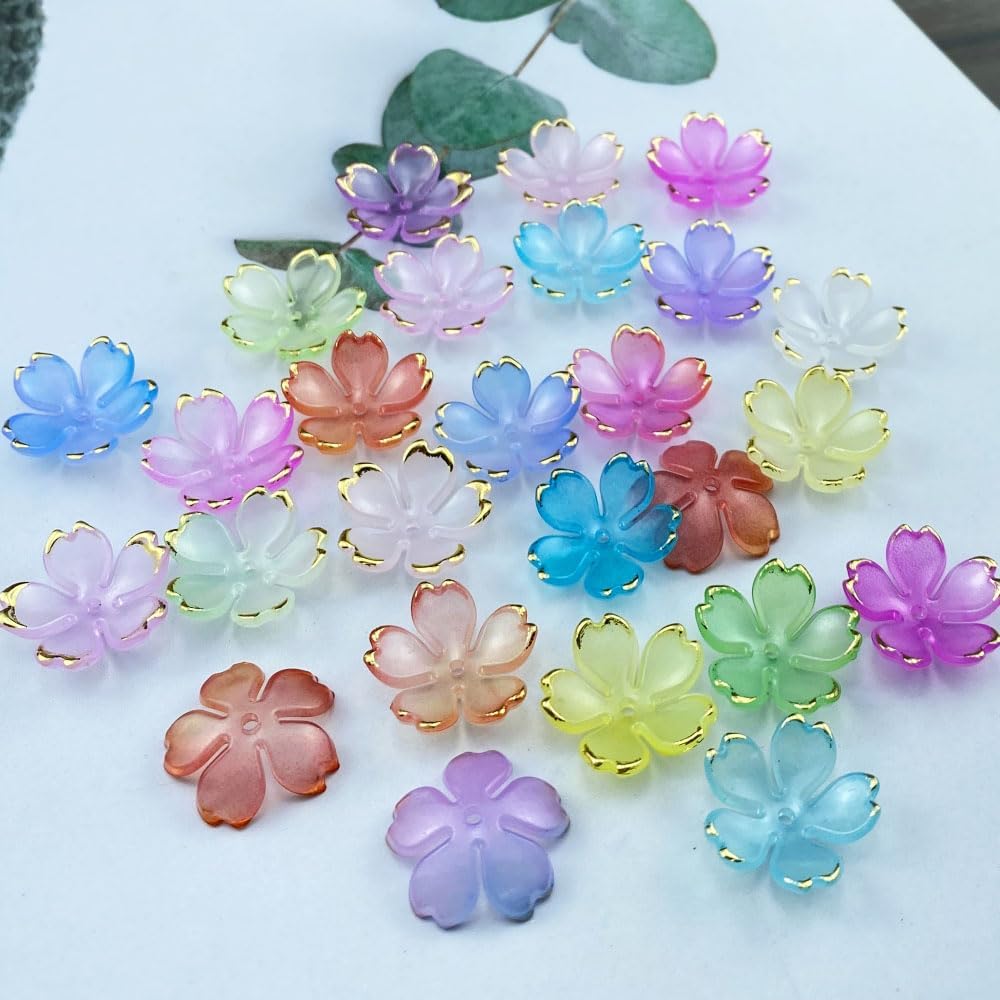 120pcs Acrylic Cherry Blossom Flower Beads Colorful Gradient Gold-Plated Spacer Beads End Caps for Jewelry Making Bracelet Necklace Earrings(Red) - Image 5