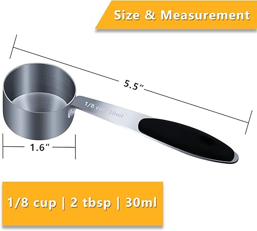 Vista 21 de 1 taza medidora individual de 3/4 tazas (6.0 fl oz, 6 onzas) con agarre de silicona negra, cucharada individual de acero inoxidable