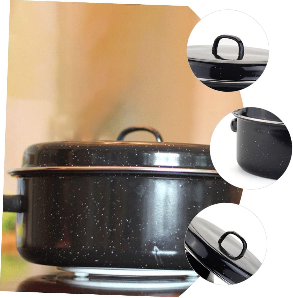 1Set Covered Round Roaster Pan with Lid for Baking Sweet Potatoes Potatoes and Corn Nonstick Enamel Baking Pan with Humanized Binaural Handles Easy-clean Surface Kitchen Roasting Cookware