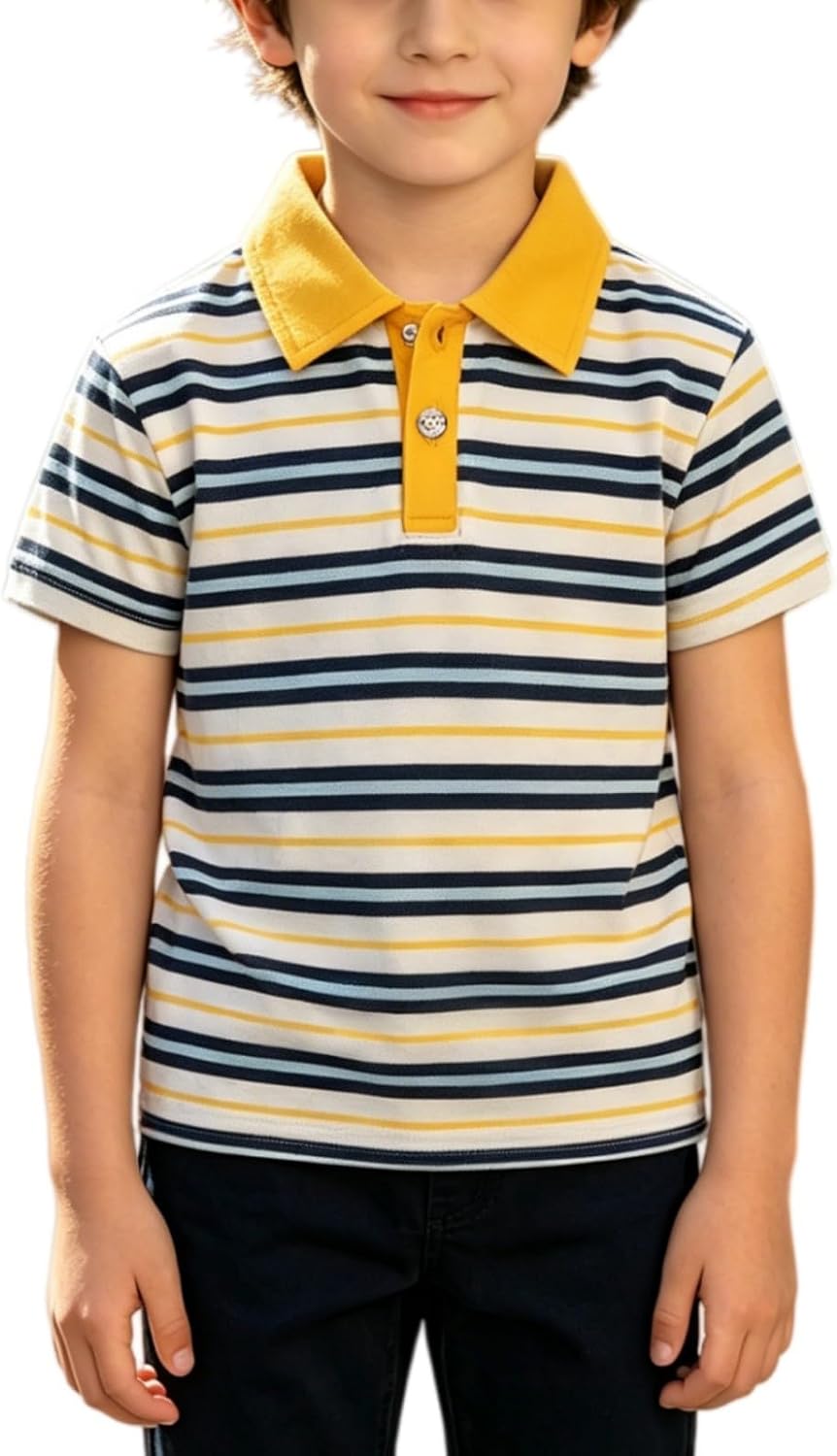 Toddler Boys Striped Polo Shirt Collared Neck Button Down Golf Athletic T Shirts Casual Short Sleeve Color Block School