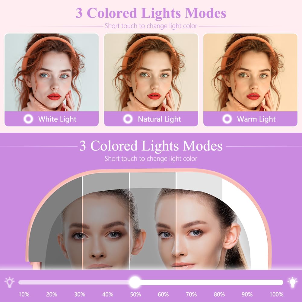 HOTUT Specchio da Trucco con Luce LED,1X/3X Specchio Ingranditore da Viaggio,3 Colori di Luce,Luminosità Regolabile,USB Ricaricabile a Specchi Illuminato Bifacciale,Ideale per Casa e Viaggio,Rosa