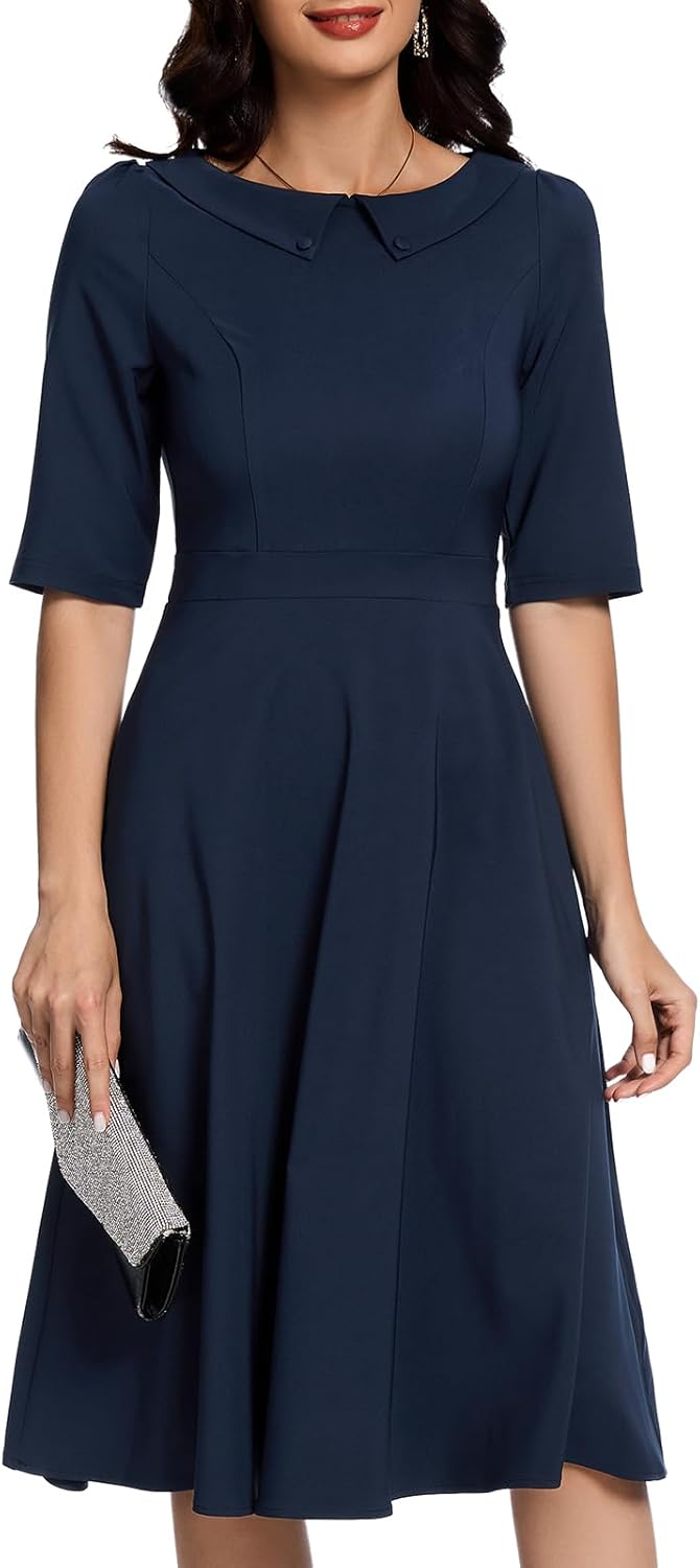 Bbonlinedress Womens Vintage Cocktail Dress Formal Spring Wedding Guest Church Long Sleeve Peter Pan Collar Midi Dresses