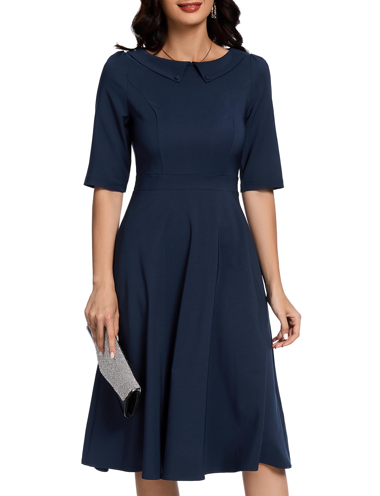Bbonlinedress Robe Femme Chic Elegant Vintage pour Soirée Cocktail Déguisement Mariage Robe Hiver Mi Longue Col avec Bouton Manches 1/2