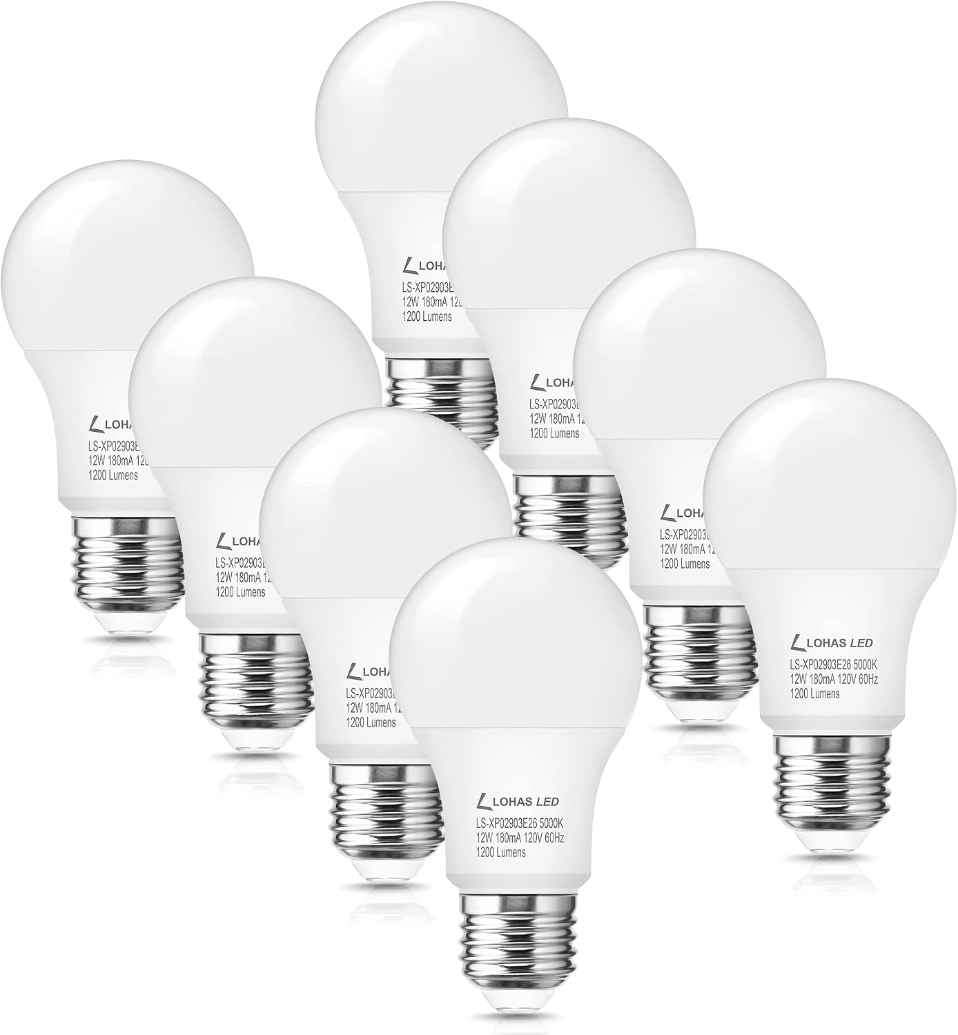 LOHAS 12W A19 Light LED Bulbs, LED Light Bulb 75W Equivalent, Daylight White 5000K, 1200 Lumens Bright Light Bulbs, E26 Medium Base for Living Room, Kitchen, Bedroom, Non-dimmable, 8 Packs