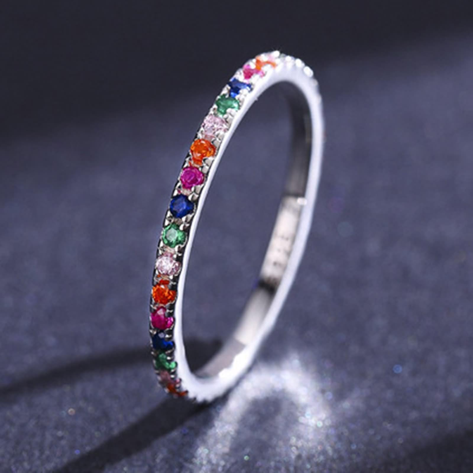 Anillo fino para mujer, anillo de compromiso, 1,63 mm, pequeño, apilable, fino, con multicolor, talla redonda, circonita, oro blanco