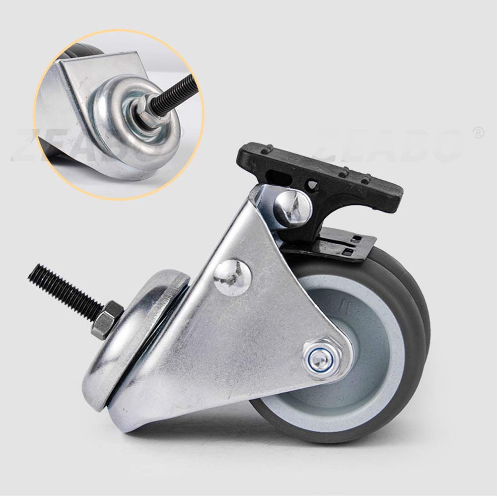 2‘’ 50mm Gewinde M10 Möbel Rollen Doppelrad Schwerlastrollen 200kg Leise TPR Gummi Lenkrollen mit Bremse Stahlhalterung Für Krippe Babybett Bürostuhl Tabelle Wagen Industrietransport 4 Stück