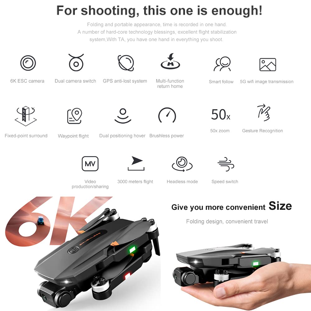 6K EIS Drone per adulti,telecomando Drone pieghevole facile GPS Quadcopter con HD FPV Live Video Gesture Selfie Altitudine Hold, trasmissione WiFi 5G Dual GPS ritorno casa (arancione)