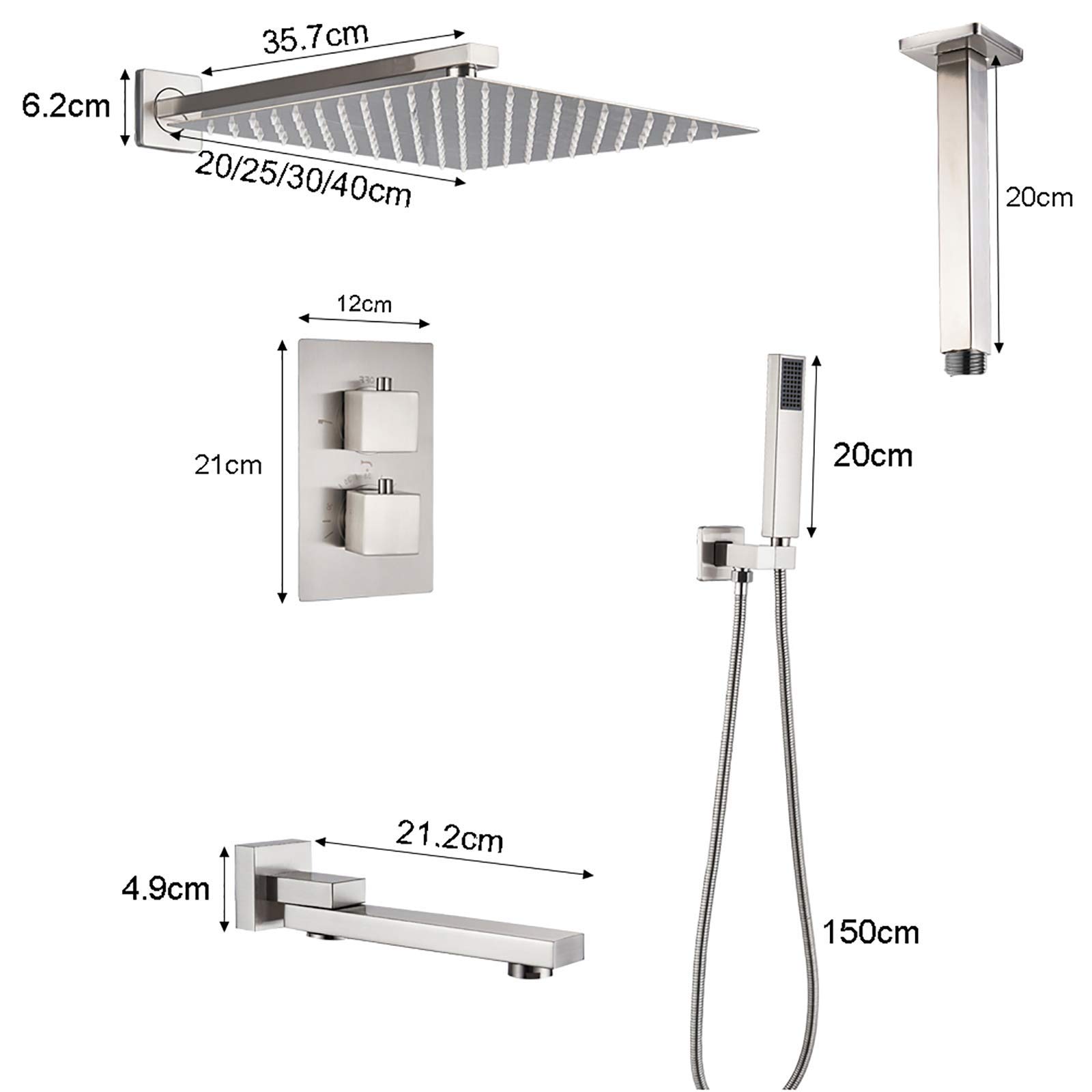 Set Doccia Combinato termostatico con Miscelatore a Pioggia Spazzolato, Rubinetto Doccia a Parete per Bagno con soffione Quadrato, doccetta a Mano, Bocca di erogazio,8 Inches