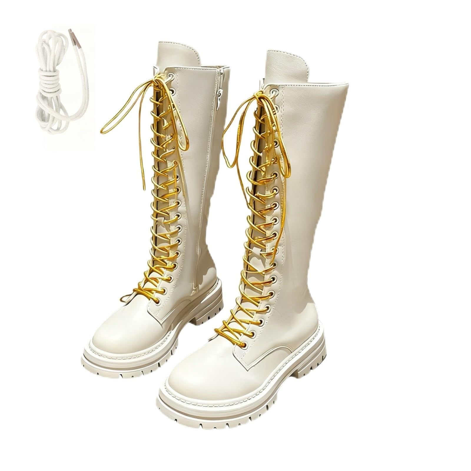 Womens Knee-high Boots Lace Up Riding Boots Mid Calf Combat Boot Comfy Lining PU Leather Side Zipper Punk
