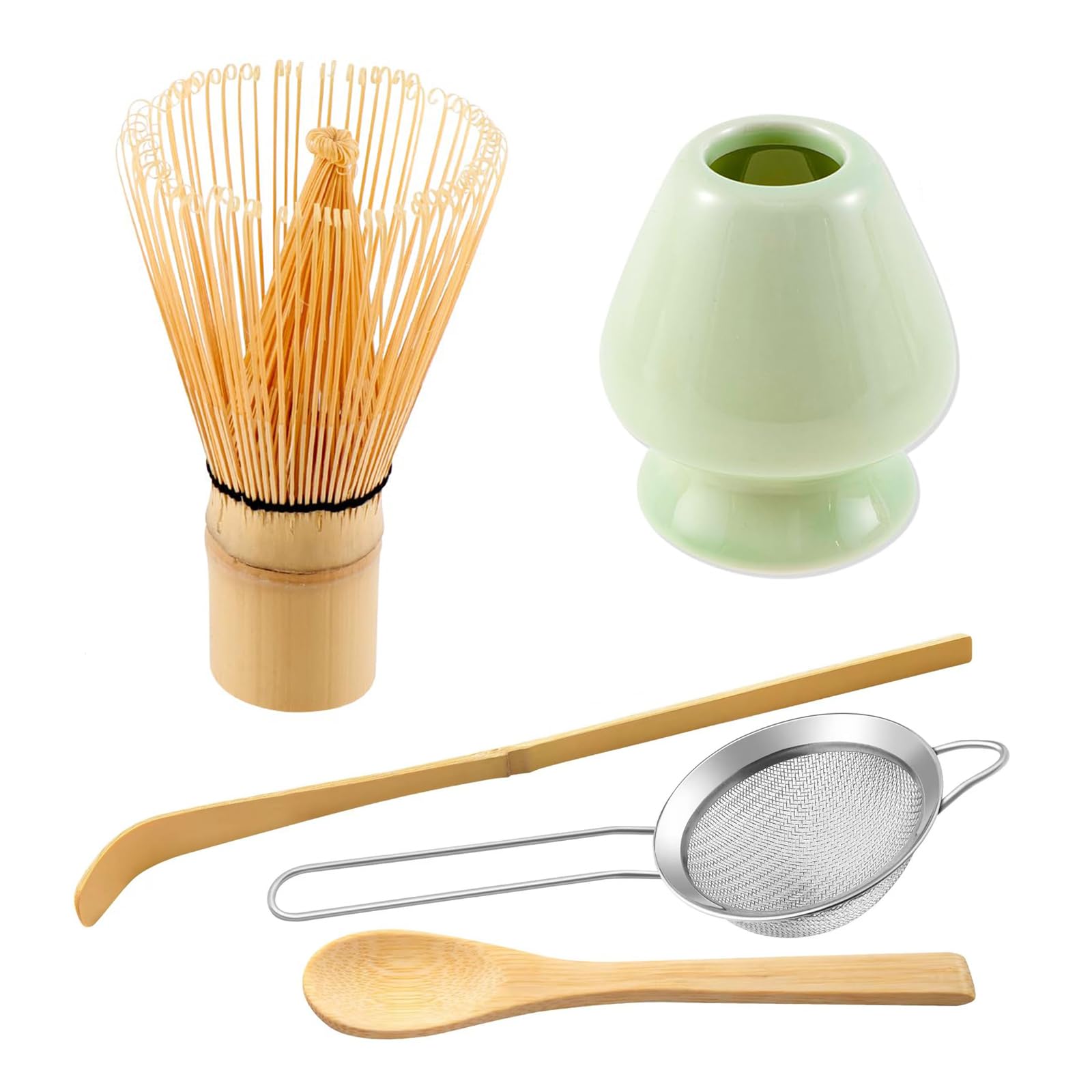 Hniuyun Matcha Whisk Set of 5, Handmade Bamboo Matcha Whisk, Tea Spoon, Matcha Scoop, Tea Sifter, Whisk Holder