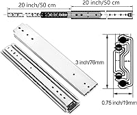 Vista 6 de 1 par de guías de cajón resistentes de 20 pulgadas y 500 libras con tornillos, montaje lateral, extensión completa, 3 rodamientos de bolas