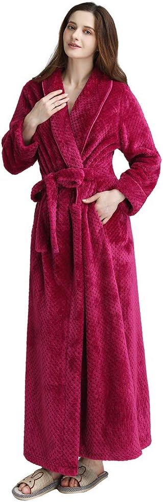 Oksun Womens Dressing Gown Full Length Robe Plus Size Fleece Warm Long Bathrobe with Belt Rose Red