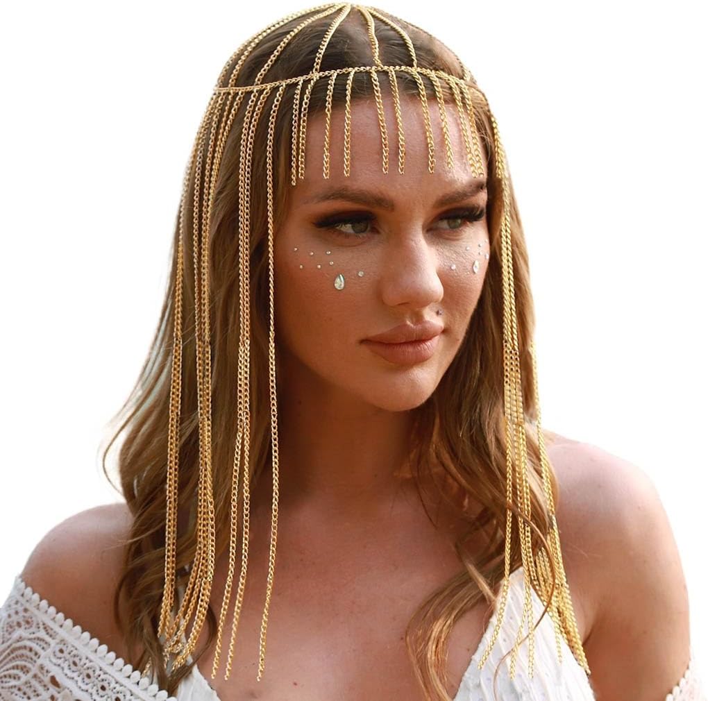 Sixexey Egyptian Head Chain Gold Headpieces Long Tassel Hair Jewelry Festival Halloween Egyptian Costume Cosplay Hair Accessory for Women