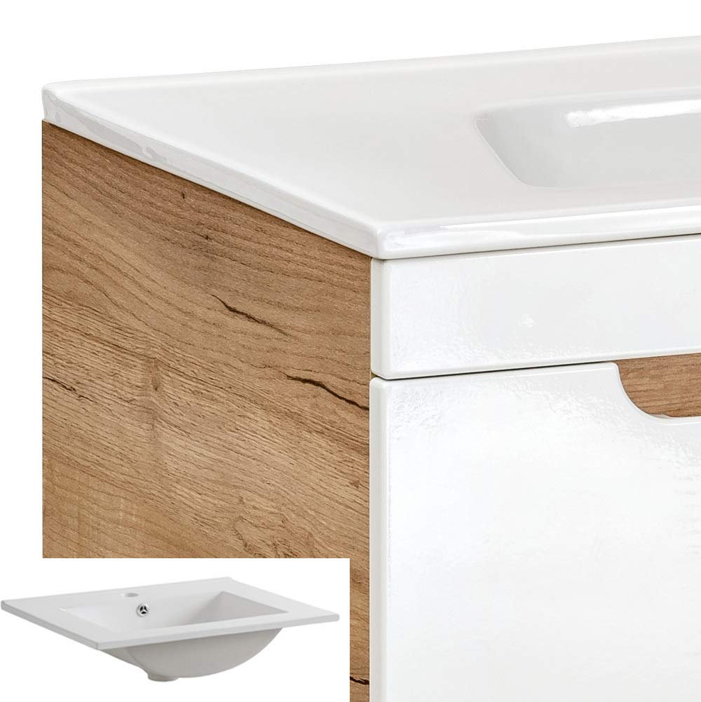 Lomadox - Set Mobile Bagno Con Lavabo 60cm, Specchio LED E Mobiletto - Design Rovere E Bianco Lucido - 2