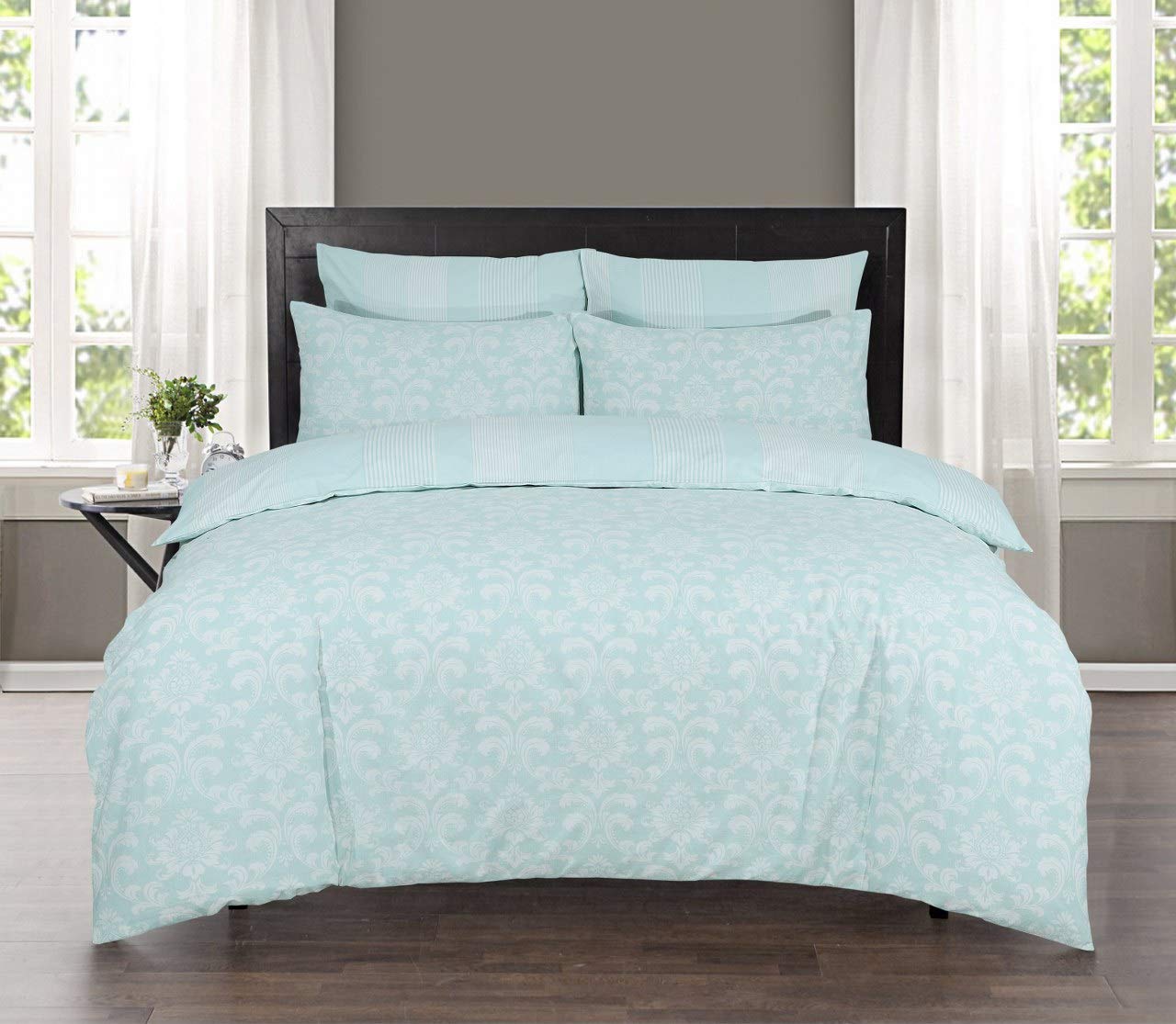 DTEX HOMES 100% Pure Egyptian Cotton Printed Reversible Duvet Quilt Cover Set, Istanbul Duck Egg - Super King