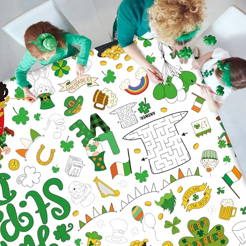 Image of QZYL 54 inch x 108 inch Coloring St Patricks Day Crafts, Giant Coloring Table Cloth for Kids, Painting Poster Art Activities Banner Disposable St Patrick's Day Crafts for Home Classroom St Paddys Decorations