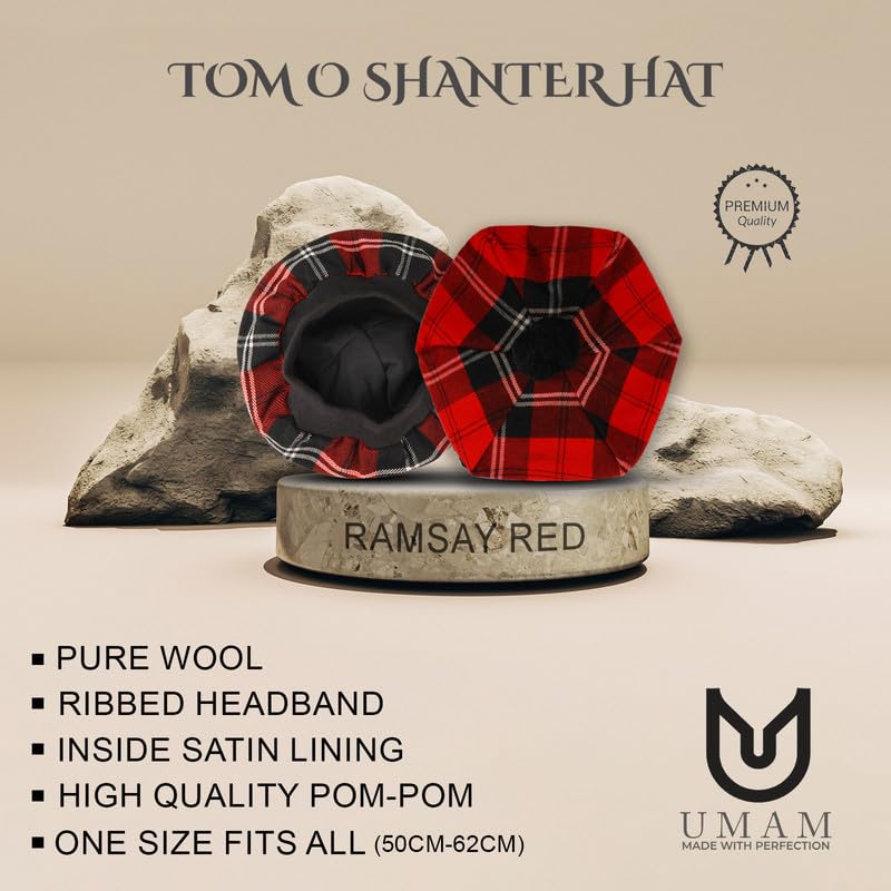 Image of Scottish Tam O' Shanter Hat Tartan Bonnet Pom Pom Wool Flat Cap One Size