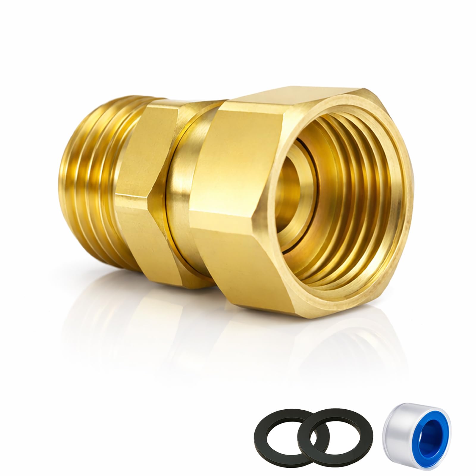 Photo 1 of XNTONG Upgraded No-Leak Easy-Rotate Garden Hose Swivel Connector, 3/4 GHT Brass Hose Swivel Connector, 360° Male to Female Hose Adapter, Anti-Kink Fitting with Washer and PTFE Tape