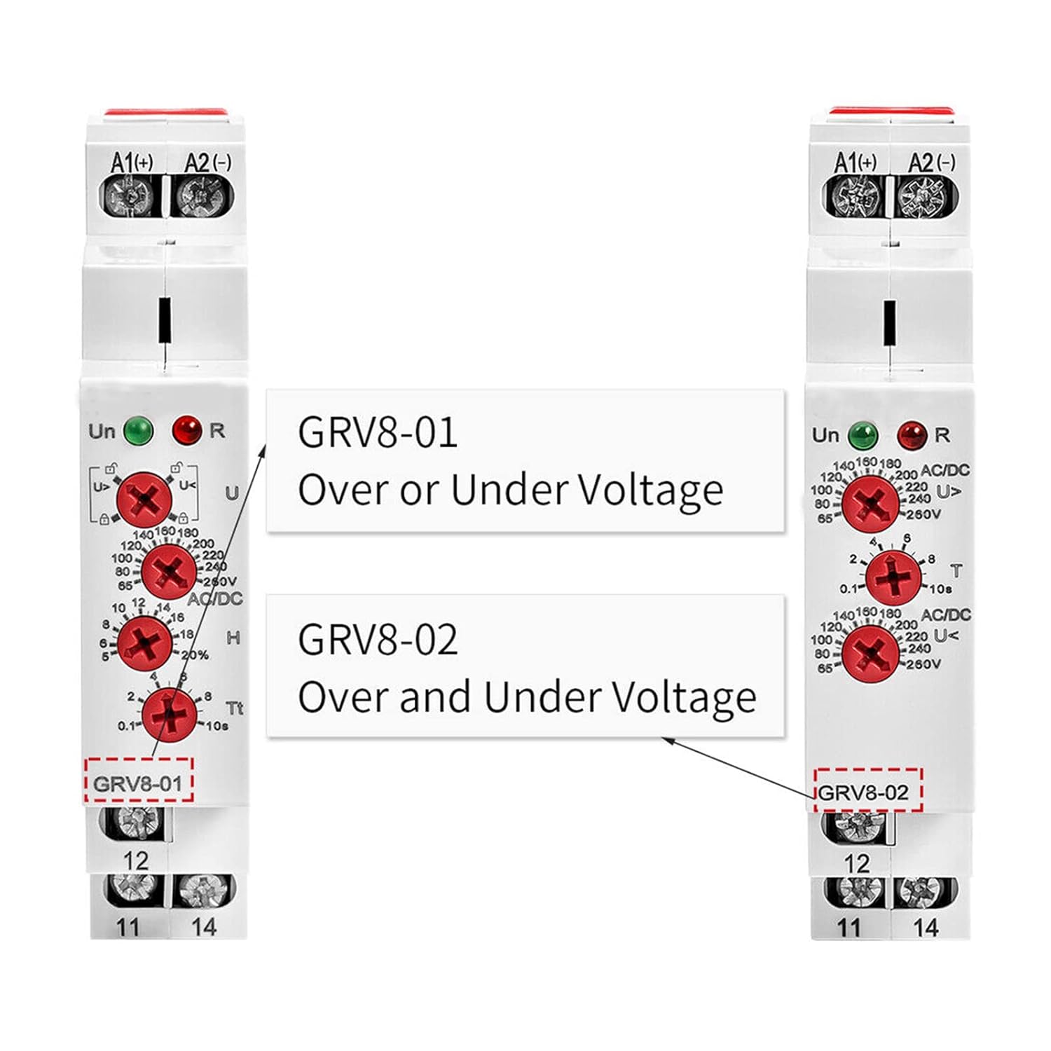 Single Phase Voltage Relay AC/DC110V~240V Adjustable Over or Under Voltage Protection Monitor Relay with LED Display(GRV8-01,AC/DC110V~240V)