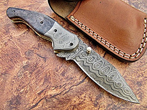 TZ KNIVES FZ-30 Handmade Damascus pocket knife for men | Folding knife with liner lock | Bushcraft knife for Fishing, Camping, Hiking | Damascus steel hunting knife with sheath | Camping Knife.