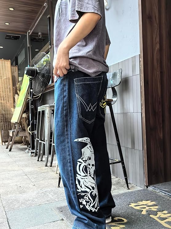Unisex Y2K Hip Hop Street Jeans Skeleton Printed Gothic Baggy Jeans Vintage High Waist Denim Jeans Wide Leg Pants (Blue,XL,X-Large)4