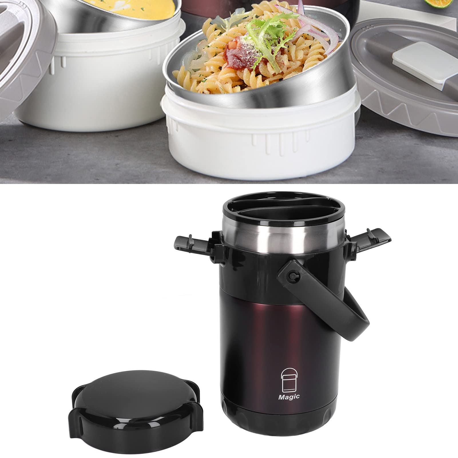 Contenedores de Almuerzo con Aislamiento Capacidad 2.3L Bento Aislado de 3 Niveles Juego de Cubiertos portátil para Viajes de pícnic(Marrón prestigio)