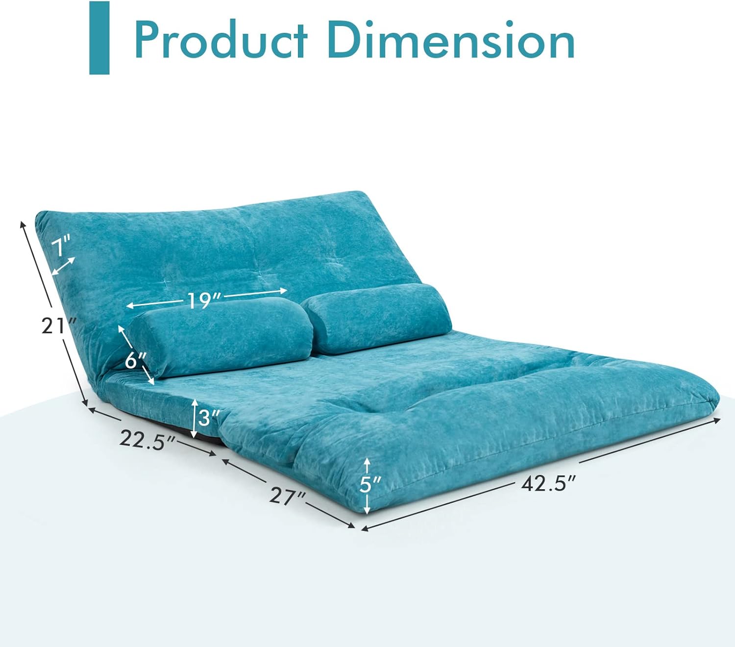 Detailed product dimensions of the floor sofa in its flat configuration.