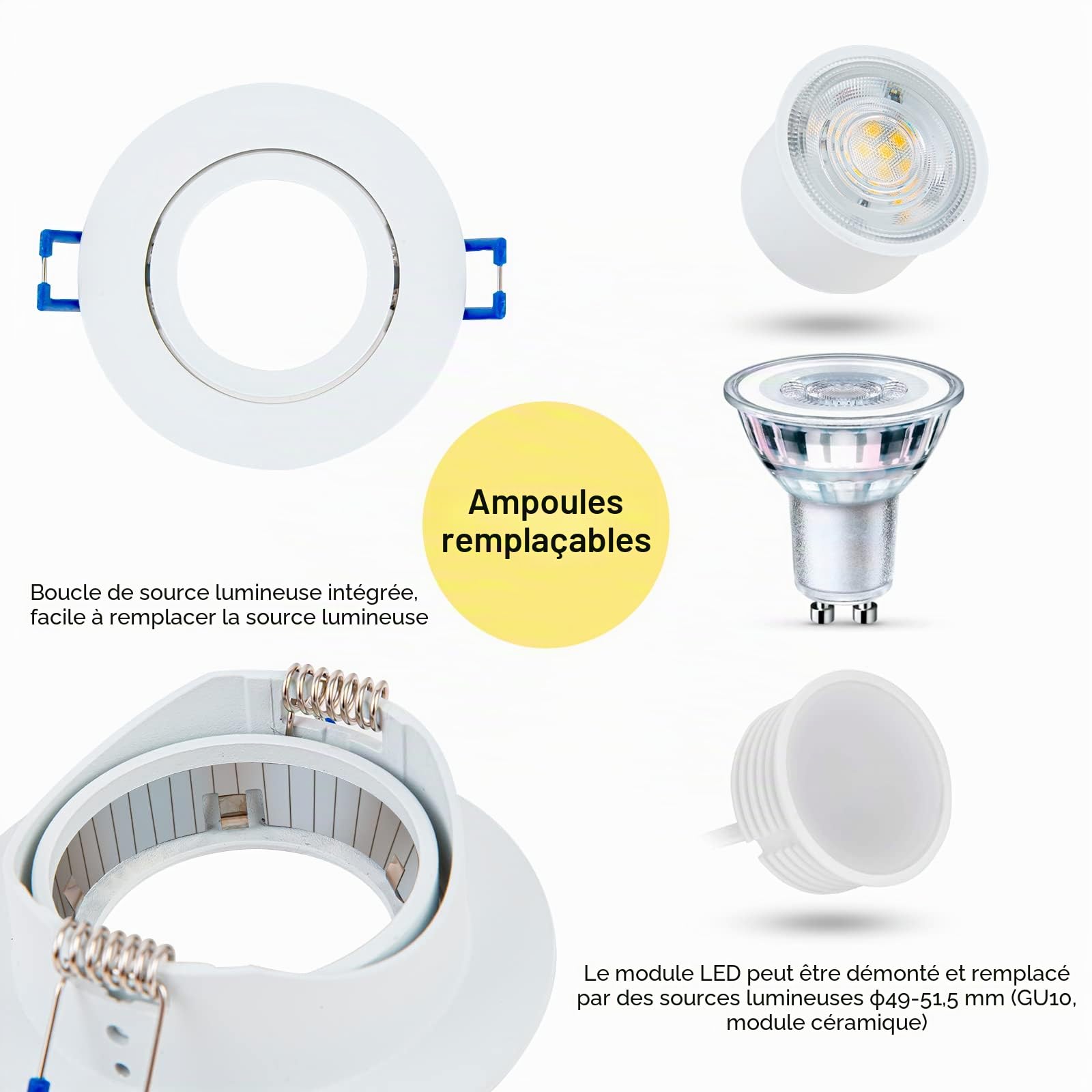 Spots Encastrables Dimmables, Orientables 3000K 5W 650LM 230V, LED Extra Plats Blanc Chaud Ronds pour Salle de Bain, Chambre, Salon, Bureau, Lot de 6