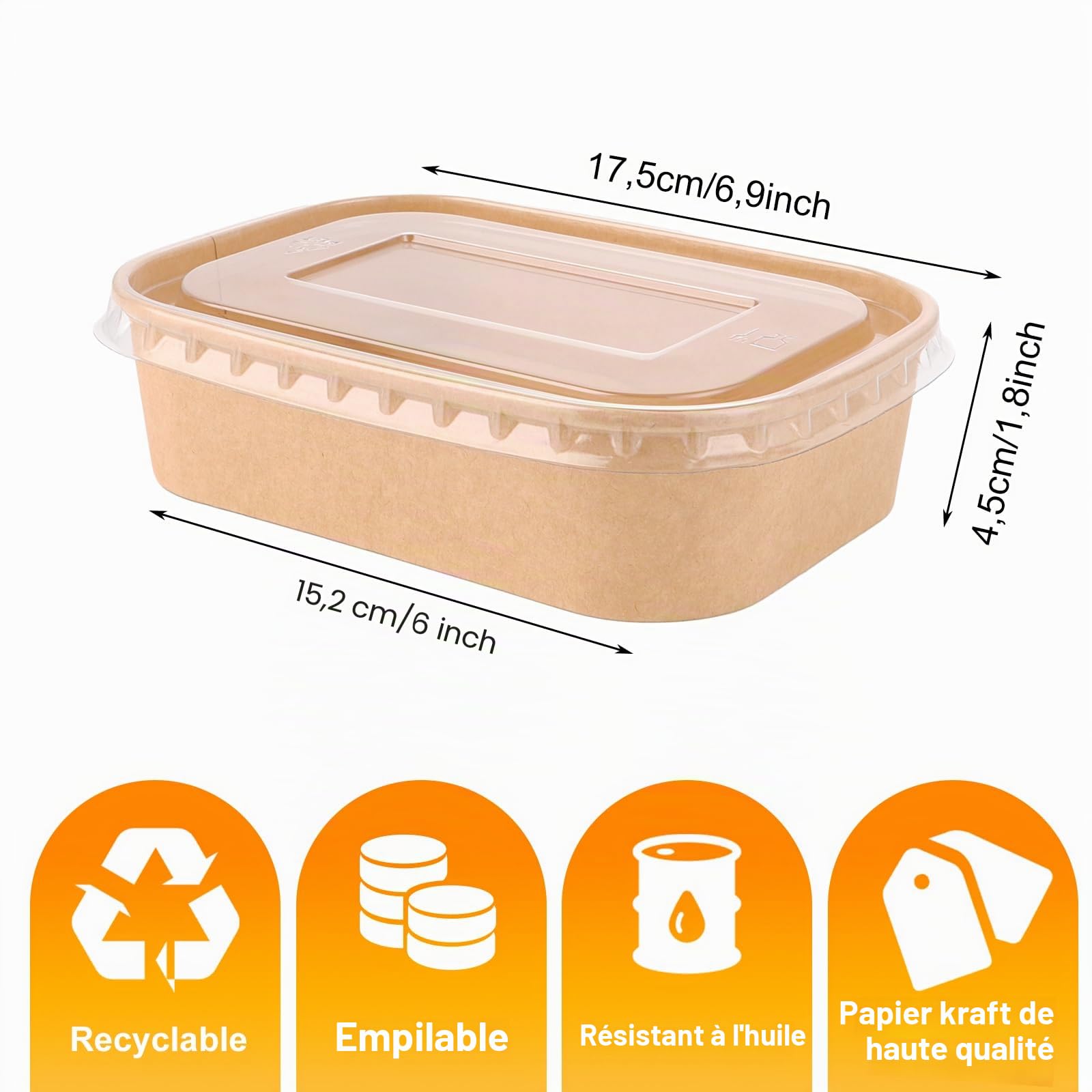 50 Pièces Boîte à Emporter Alimentaire 500ml, Boîte Kraft avec Couvercle PET Transparent, Boîte Hermétique Jetable pour Salade, Sushi et Plats Chauds, 171x120x43mm