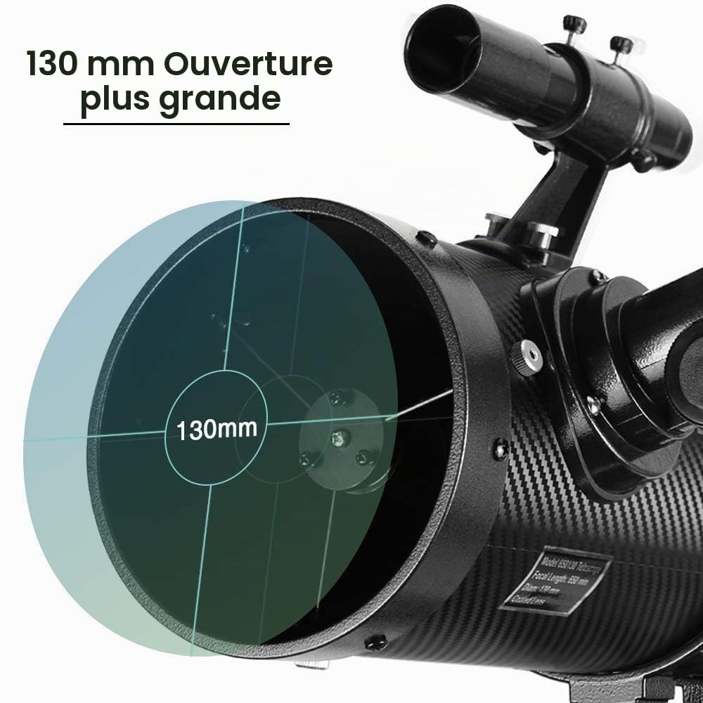 Télescope 130EQ Newton Réflecteur Télescope pour Adultes, Télescopes Professionnels pour Adultes, Livré avec Adaptateur Smartphone Objectif Barlow 1,5X et Filtre TMoon 13% T