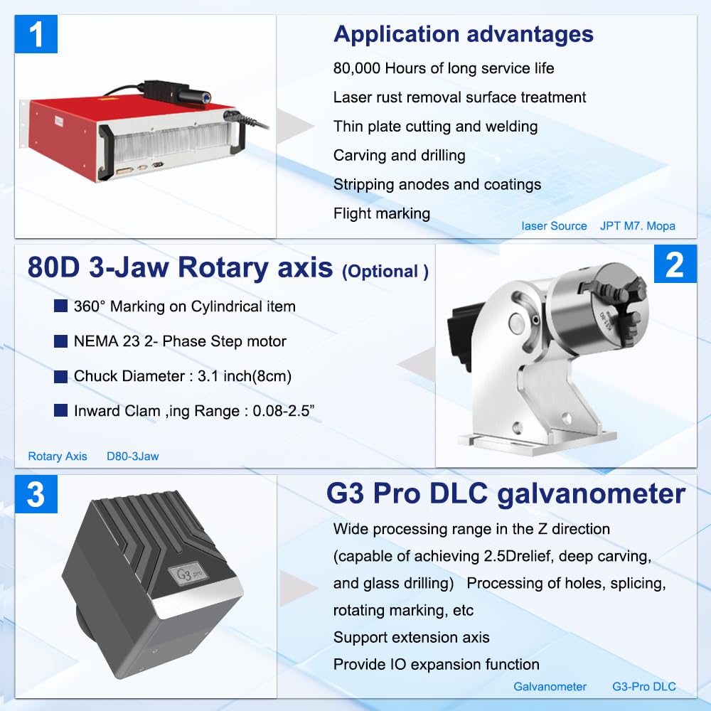 100W 2.5D JPT MOPA M7 Faserlaser-Markierungsmaschine und Lasergravierer mit Autofokus und motorisierter Z-Achse, 175mm Feldlinse, D80 Rotationsachse, für Tiefen- und Reliefgravur, CE, 220V