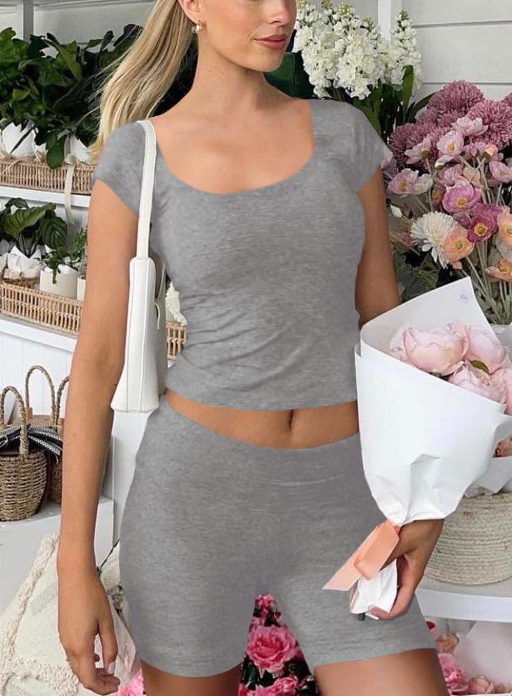 Two Piece Lounge Sets For Women Short Sleeve Casual Summer Outfits Crop Tops Shorts Sets Matching Clothing