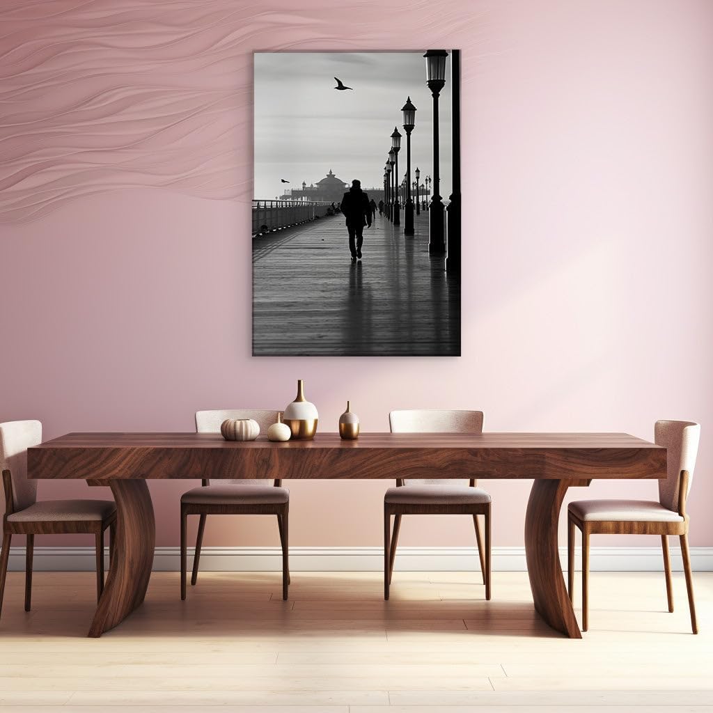 Canvas for Living room. Solitary Stroll on a Silhouetted Pier: A Moment of Quietude Against an Overcast Sky, 27 x 18 inch Canvas Wall Art - Contemporary Masterpieces - Modern Home Decor