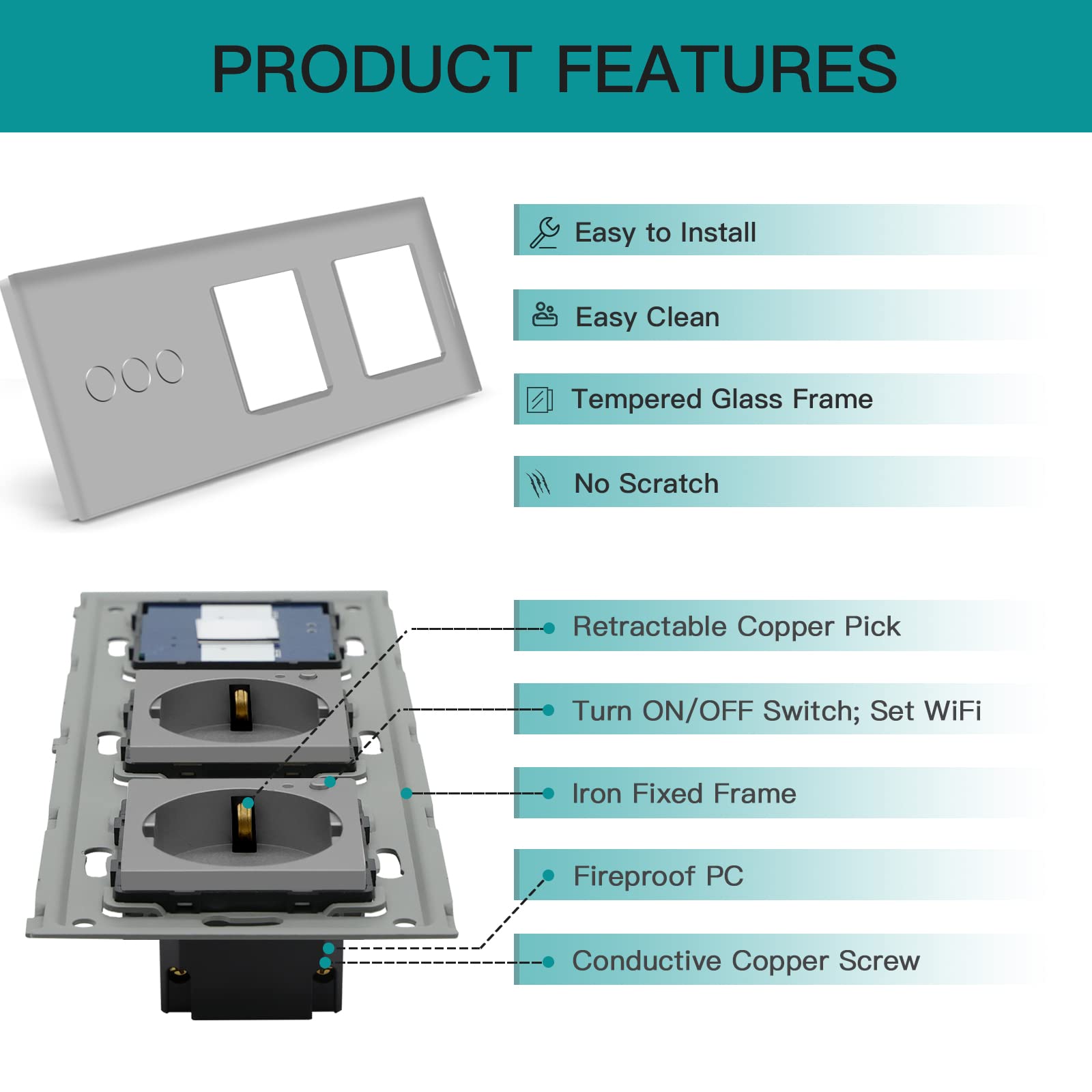 BSEED Interruttore della luce Smart Alexa con doppia presa, verticale da incasso, presa Alexa, in vetro Schuko, Single Live Wifi Touch, 3 scomparti, 1 via, grigio