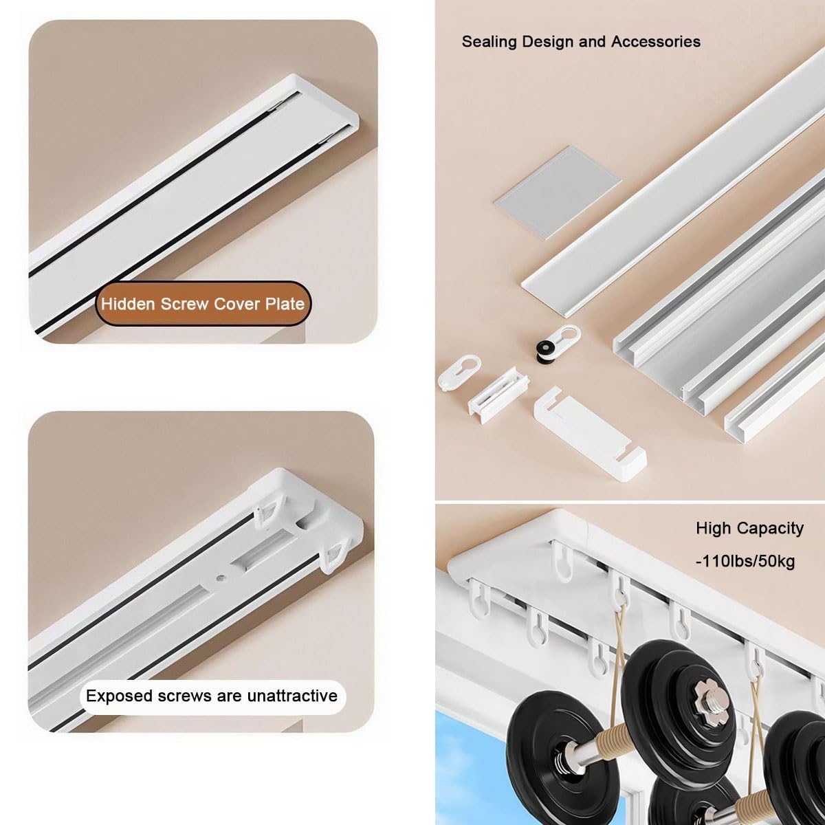 Wytrzymały 2-szynowy karnisz, 100-800 cm, montowany na suficie, aluminiowy system szyn, cichy karnisz do biura i na balkon, szary, długość 400 cm