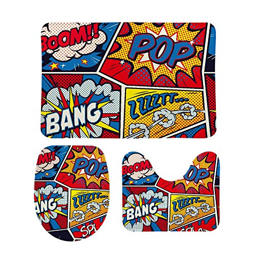 LifeCustomize 3-teiliges Badezimmer-Teppich-Set, bunte Pop-Art-Retro-Comic-Konturenmatte, WC-Deckelbezug, rutschfeste Badematte