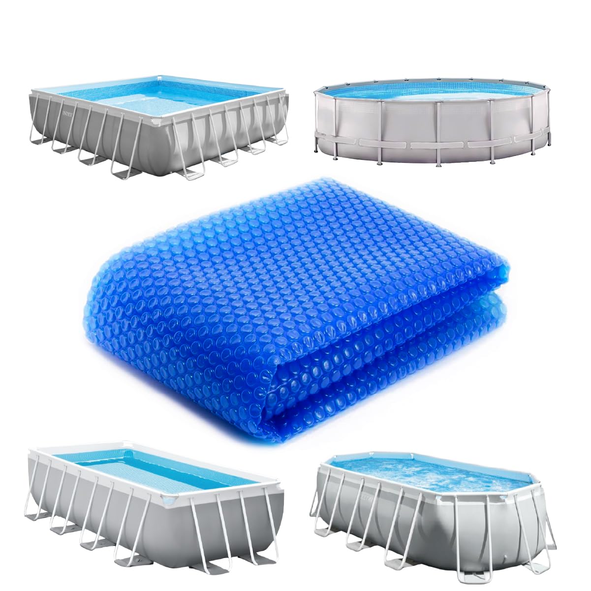 Linxor - Cobertor Solar Redondo, Ovalado, Cuadrado o Rectangular para Piscinas intex u Otras - 180 micras - Azul - Varias Medidas Disponibles