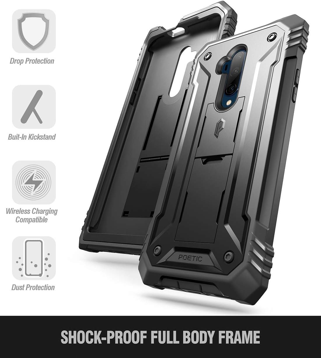 Poetic Revolution Series Designed for OnePlus 7T Pro/OnePlus 7 Pro, Full-Body Rugged Dual-Layer Shockproof Protective Cover with Kickstand and Built-in-Screen Protector, Black