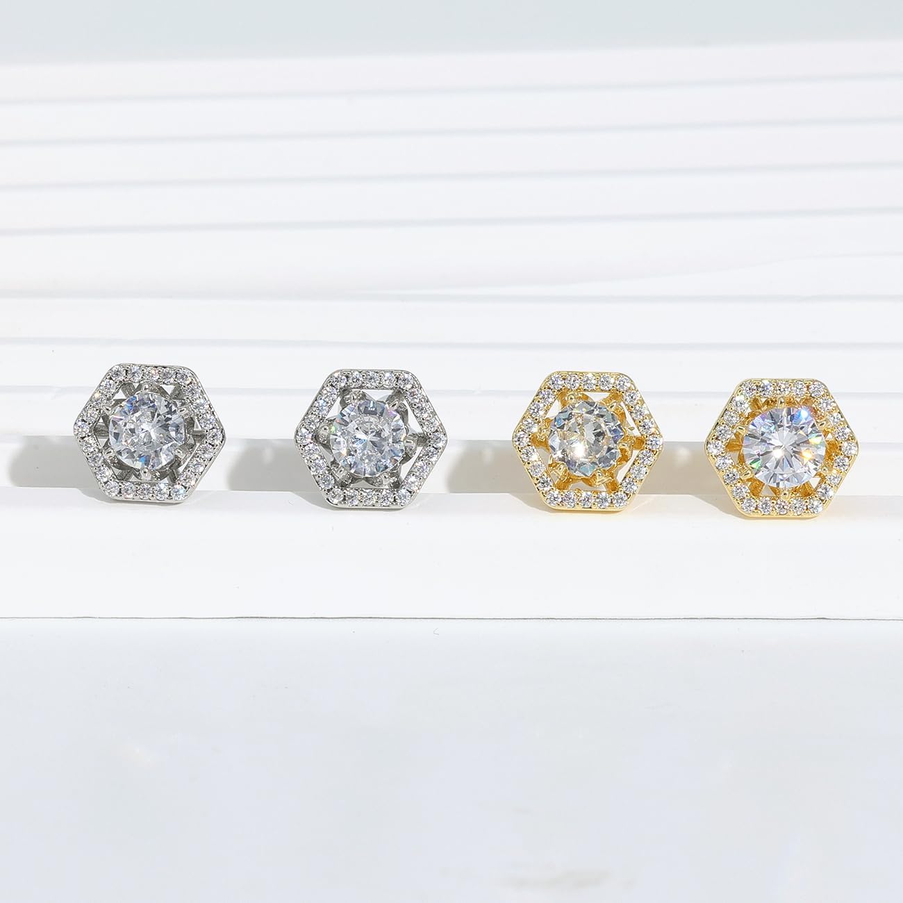 LuReen Earring Studs for Men Women - 18K Gold Plated Cubic Zirconia Stud Earrings Set, Iced Out CZ Studs, Simulated Diamond Halo Earrings (2 Pairs)