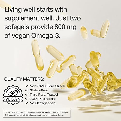 Miniatura 5 de Suplemento vegano Omega 3 DHA Aceite de algas, DHA a base de plantas, 800 mg, sin carragenina, reemplazo para aceite de pescado, apoya el corazón,