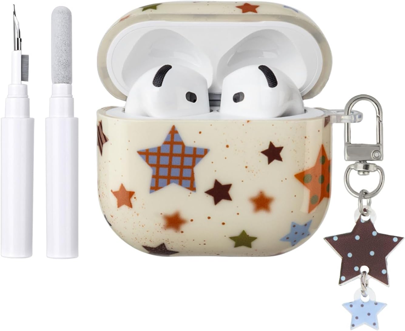 Compatible for AirPods 4 Case with Cleaner Kit, Cute Trendy Retro Star Pattern Case Keychain Soft TPU Shockproof Cover for Airpods 4th Generation - Beige