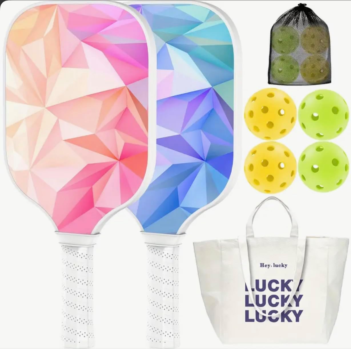 Pickleball Paddle Set with 2 Geometric Design Paddles, 4 Balls, Storage Bag, Mesh Ball Holder