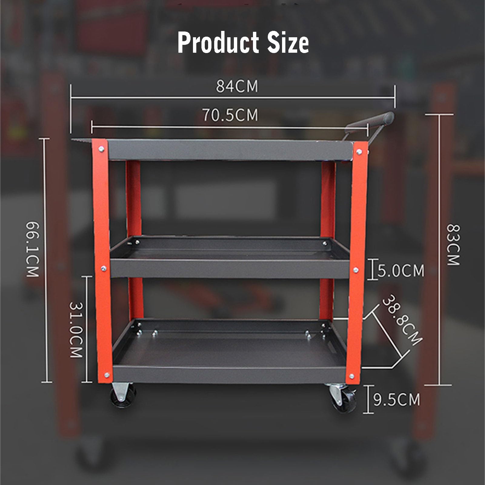 Chariot à Outils à 3 Niveaux Charge 250 Kg, Chariot De Servante Avec 4 Roues Poignee 86 X 44 X 77cm 91493569