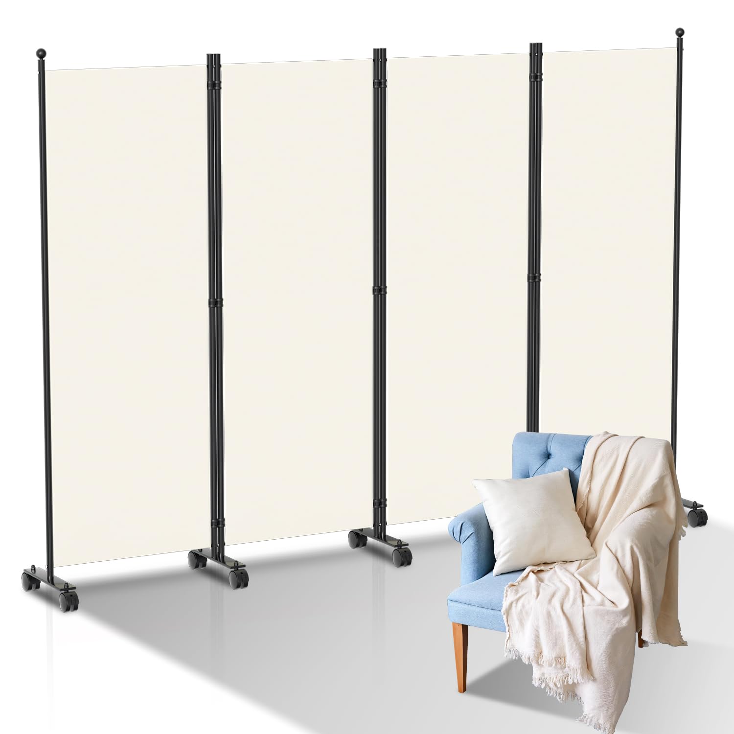 Ansobea Paravent Raumteiler 4-teilig 228x181x30cm, Anthrazit | Auf Rollen, Faltbar, Polyesterfaser, Einfache Installation, Sichtschutz für Balkon Garten